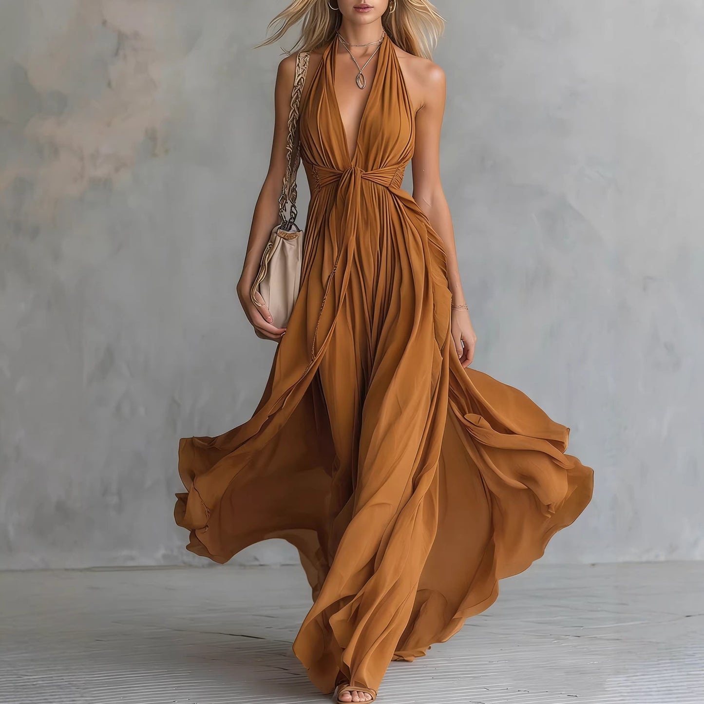 Solid Color V-Neck Sleeveless Waist-Cinching Maxi Dress – Elegant Fit & Flare