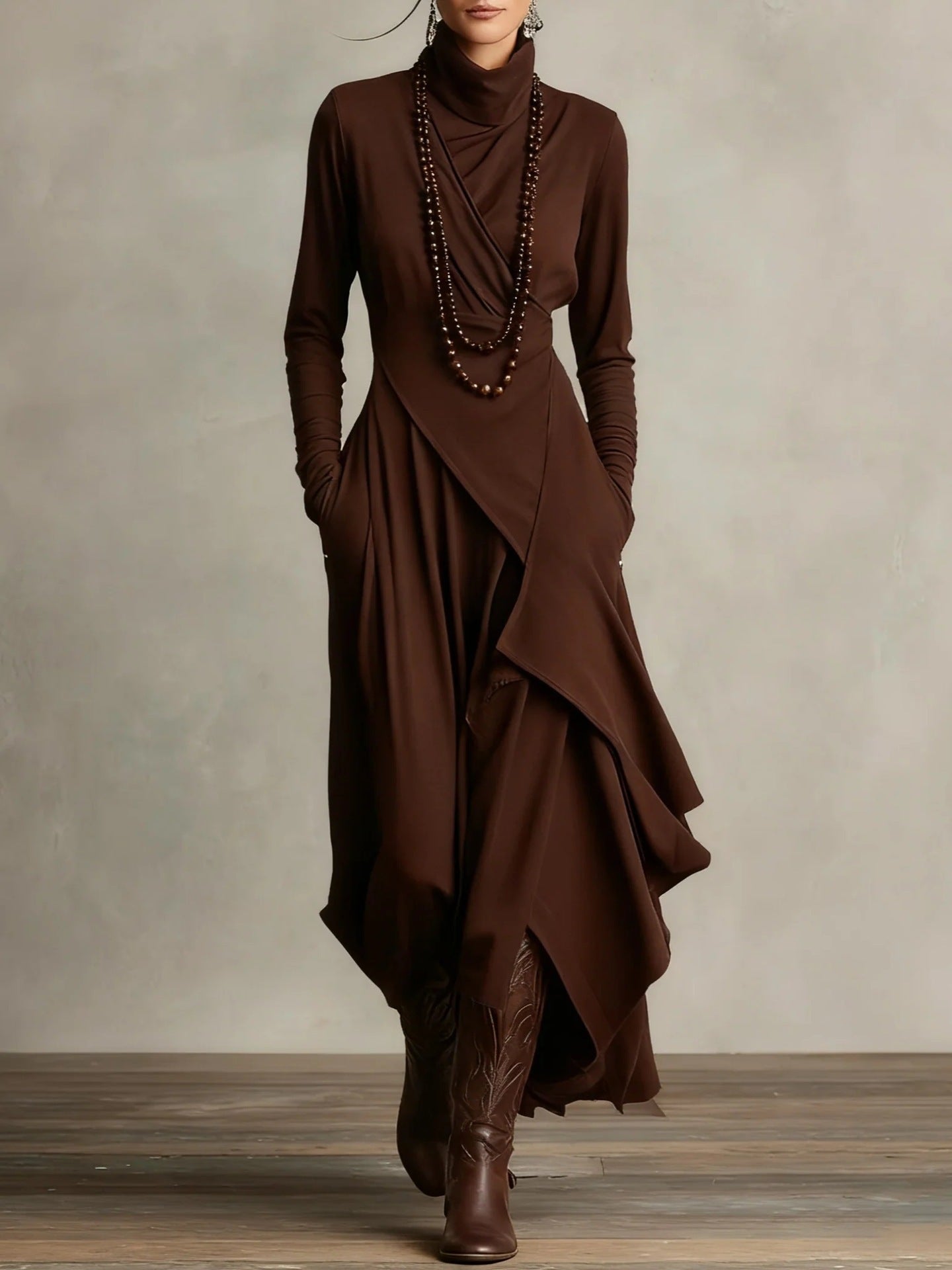 Solid Color Long Sleeve Cross Wrap High Neck Maxi Dress