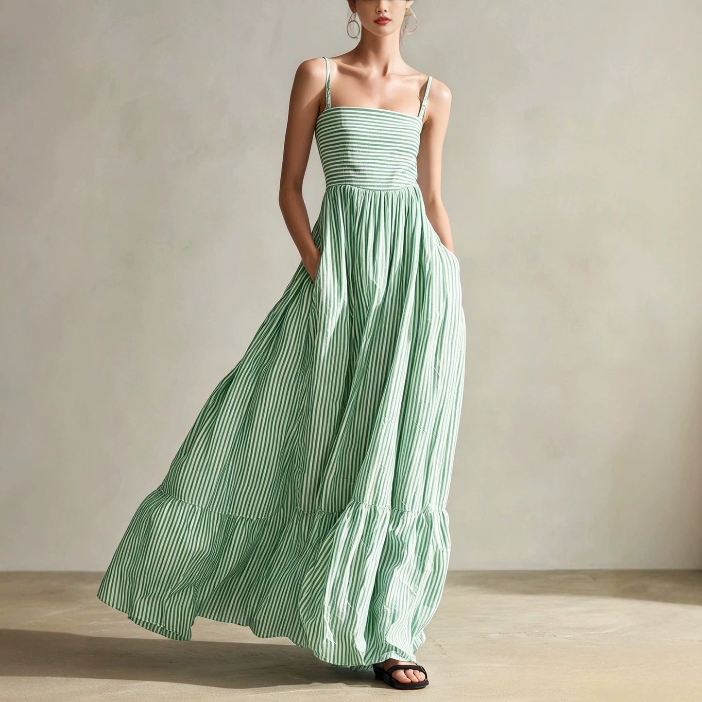Striped Sleeveless Thin Strap Maxi Dress – High Waist Flowing Long Dress