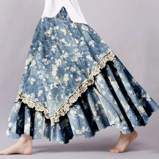 Vintage Floral Lace Patchwork Flowy Midi Skirt – Artistic Blue Boho A-Line Skirt