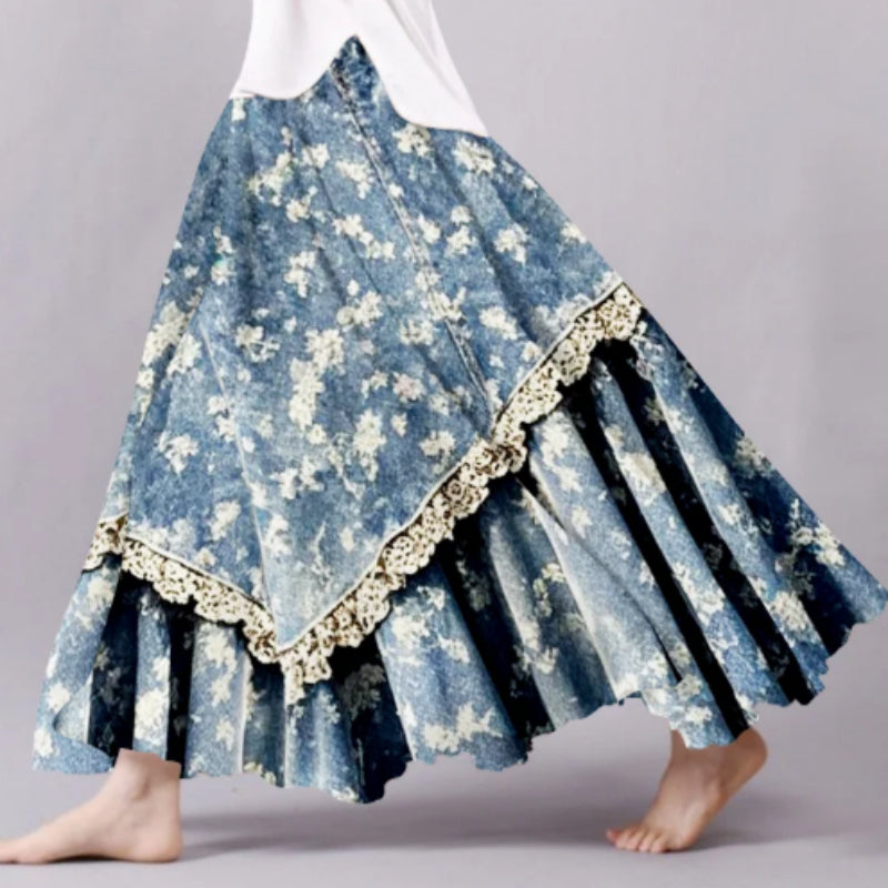 Vintage Floral Lace Patchwork Flowy Midi Skirt – Artistic Blue Boho A-Line Skirt