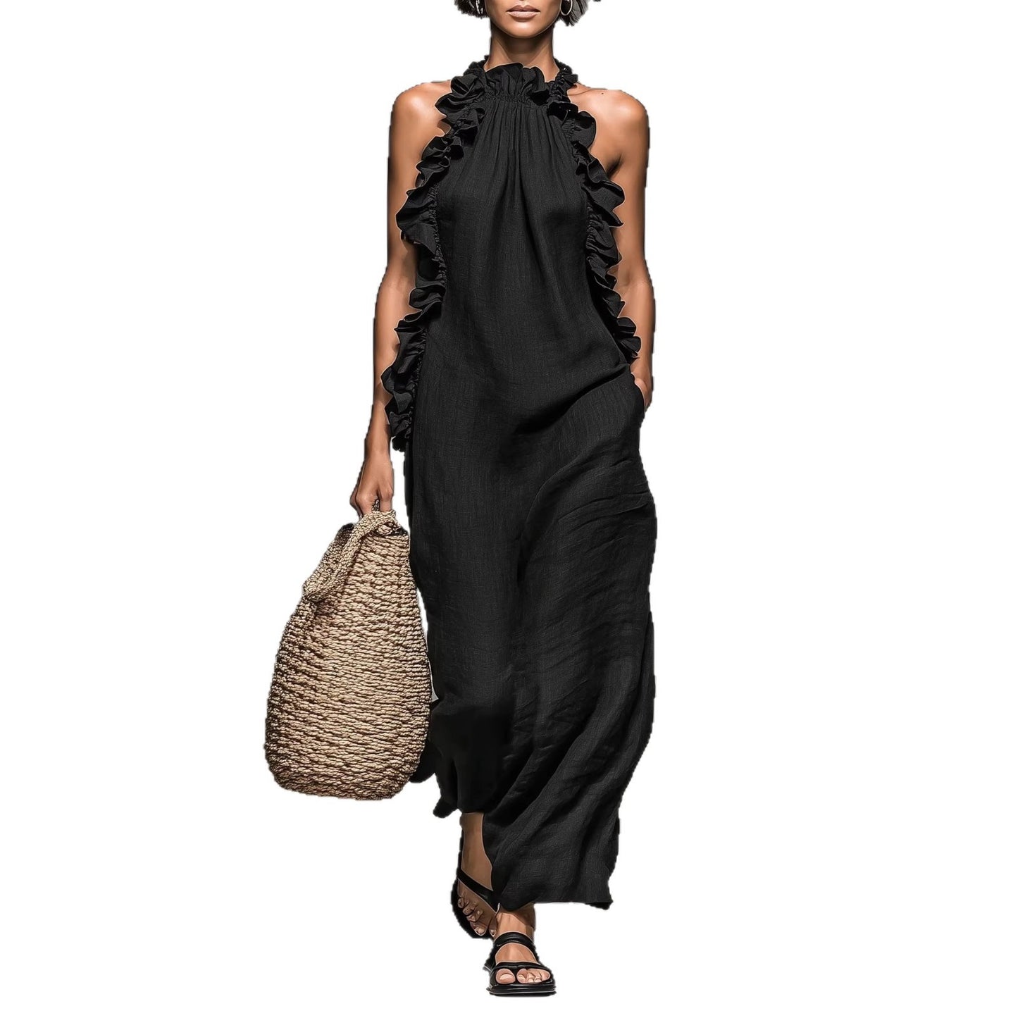 Resort Style Ruffled Halter Neck Sleeveless Maxi Dress – Loose Flowy Open Back Evening Gown