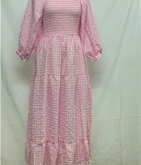 Ladies Plaid Cotton And Linen Elastic Waist Dress