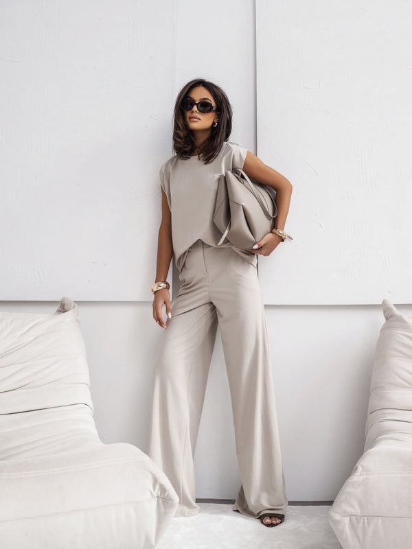 Women’s Casual 2-Piece Set – Short Sleeve T-Shirt & Loose Wide Leg Pant