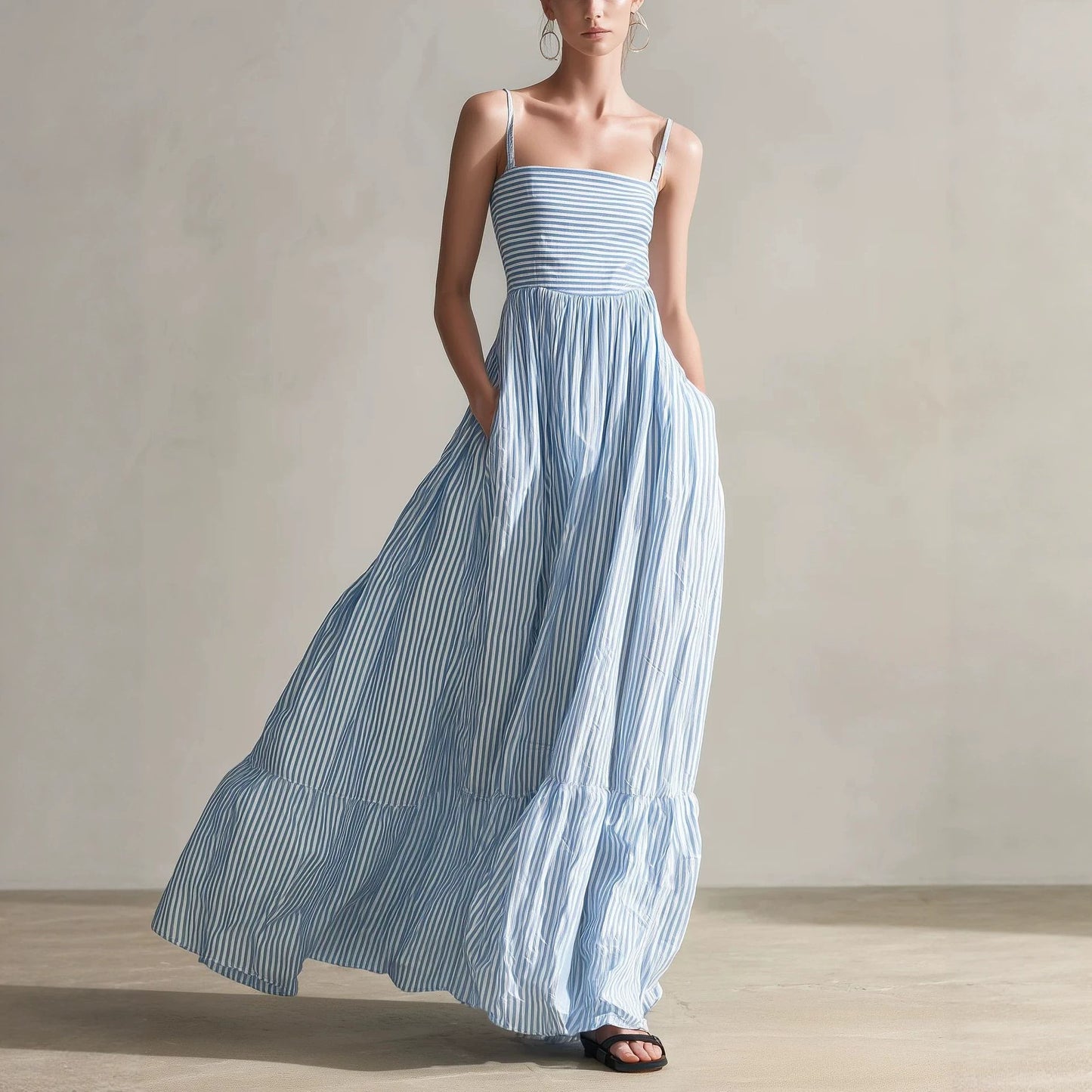 Striped Sleeveless Thin Strap Maxi Dress – High Waist Flowing Long Dress