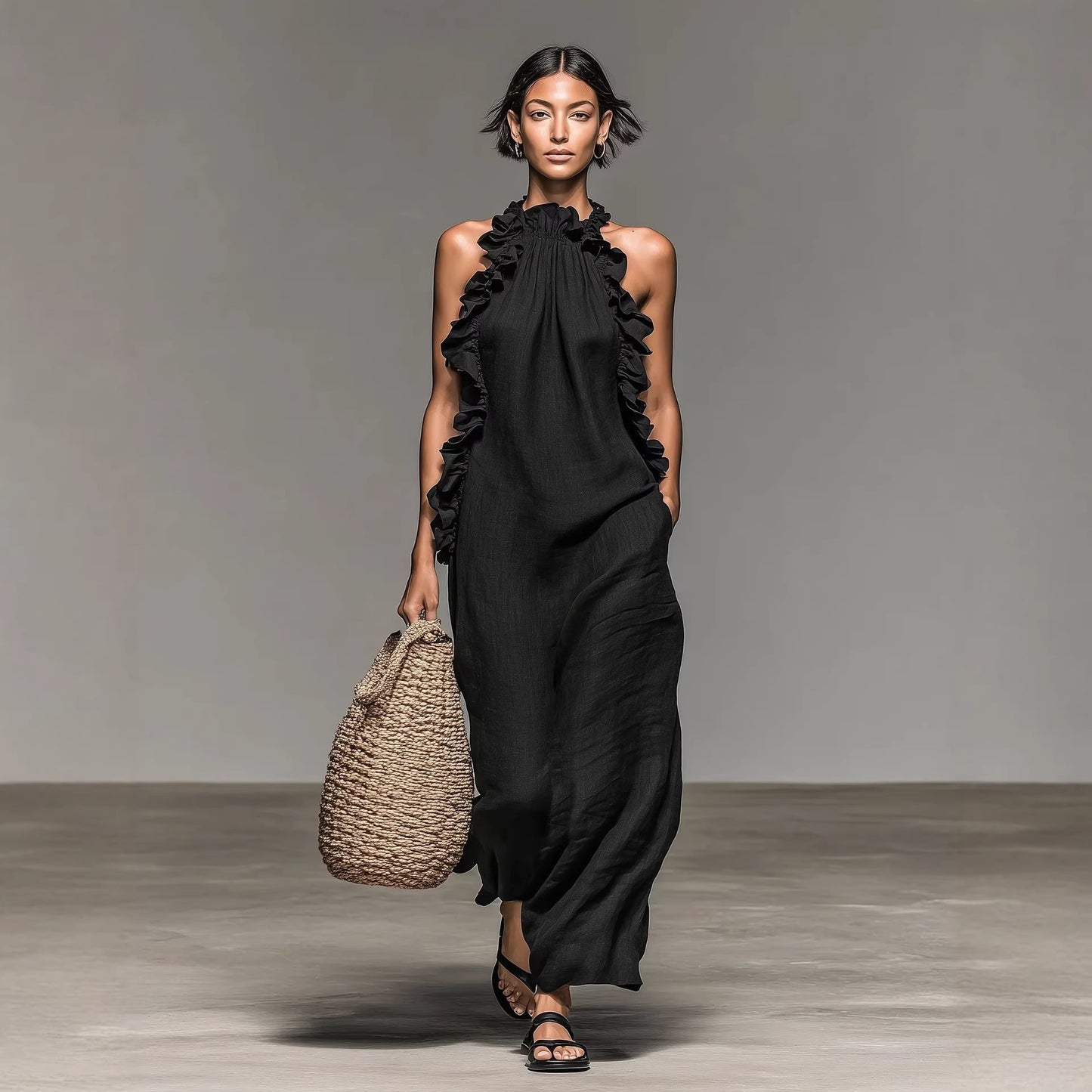 Resort Style Ruffled Halter Neck Sleeveless Maxi Dress – Loose Flowy Open Back Evening Gown