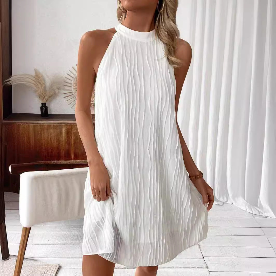 White Halter Backless Flowy Umbrella Midi Dress – Elegant Loose Fit Summer Dress