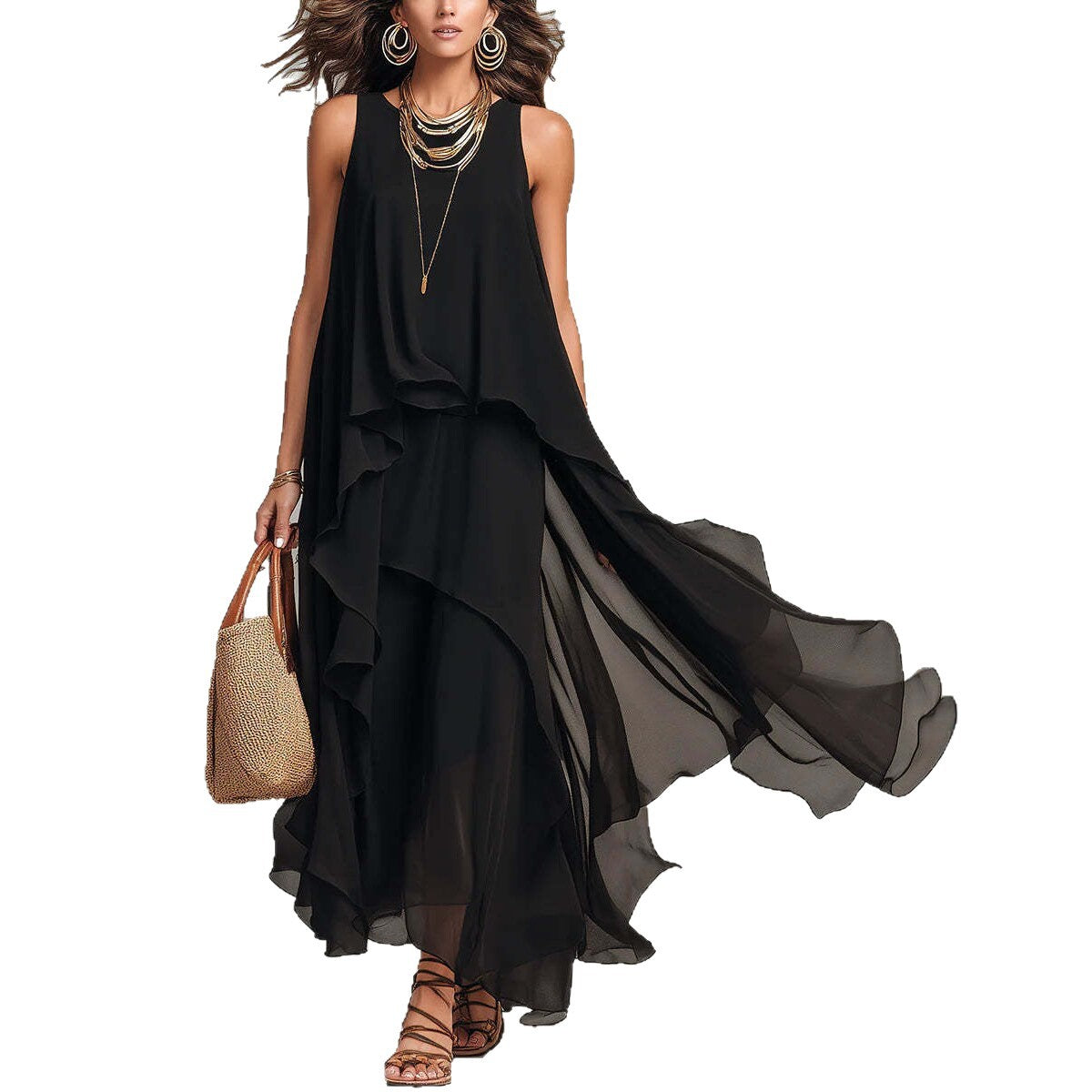 Elegant Black Asymmetrical Chiffon Maxi Dress – Sleeveless Flowing A-Lin