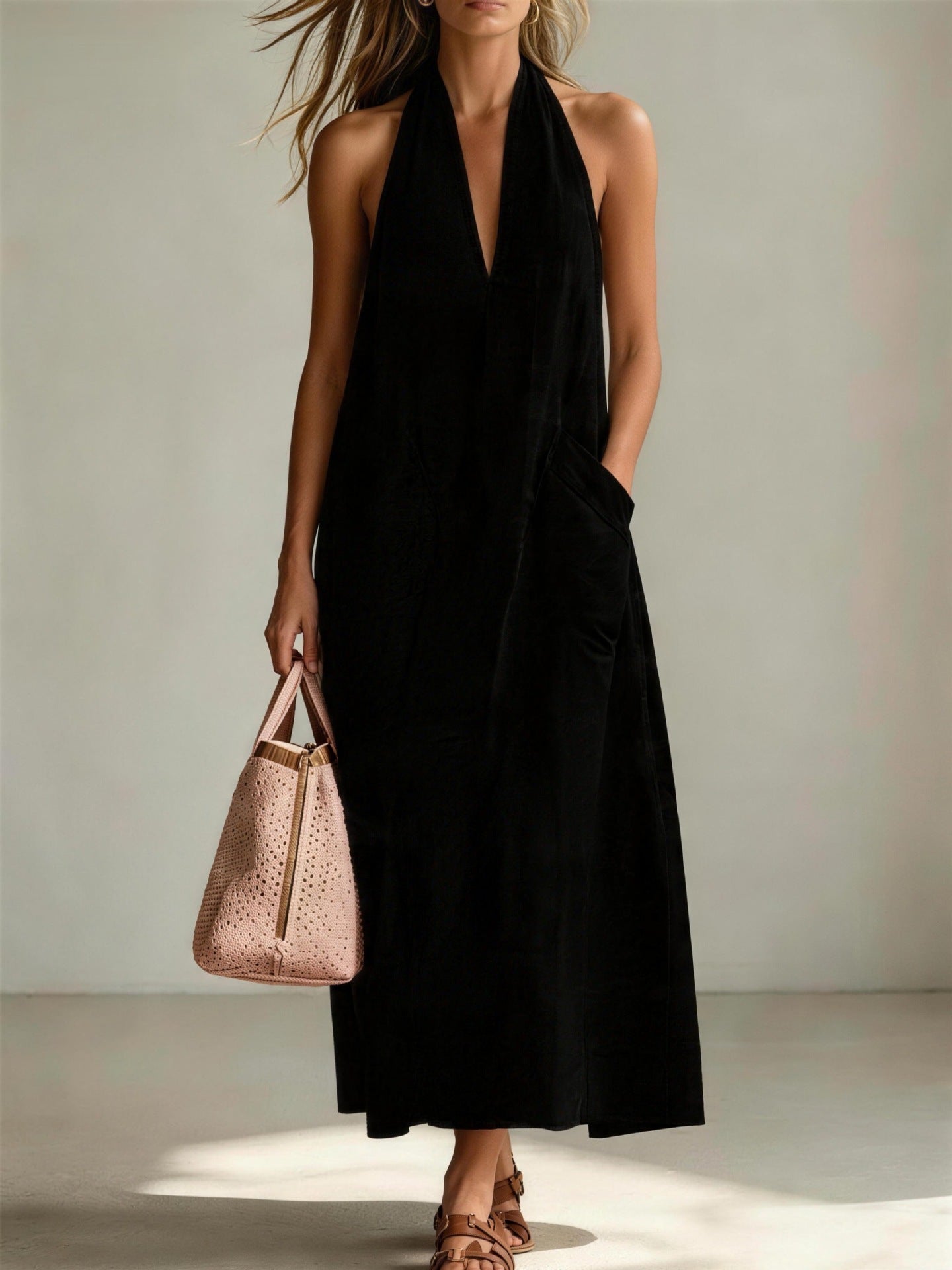 Cotton Halter Neck Deep V-Neck Sleeveless Loose Maxi Dress – Flowy Summer Dress