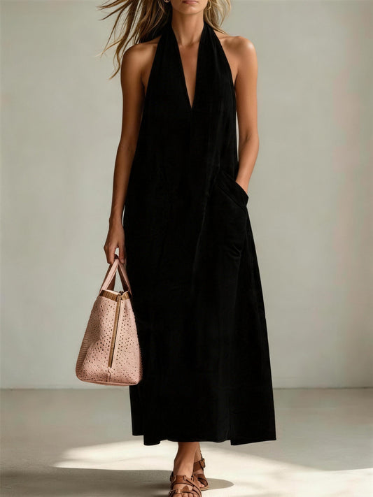 Cotton Halter Neck Deep V-Neck Sleeveless Loose Maxi Dress – Flowy Summer Dress