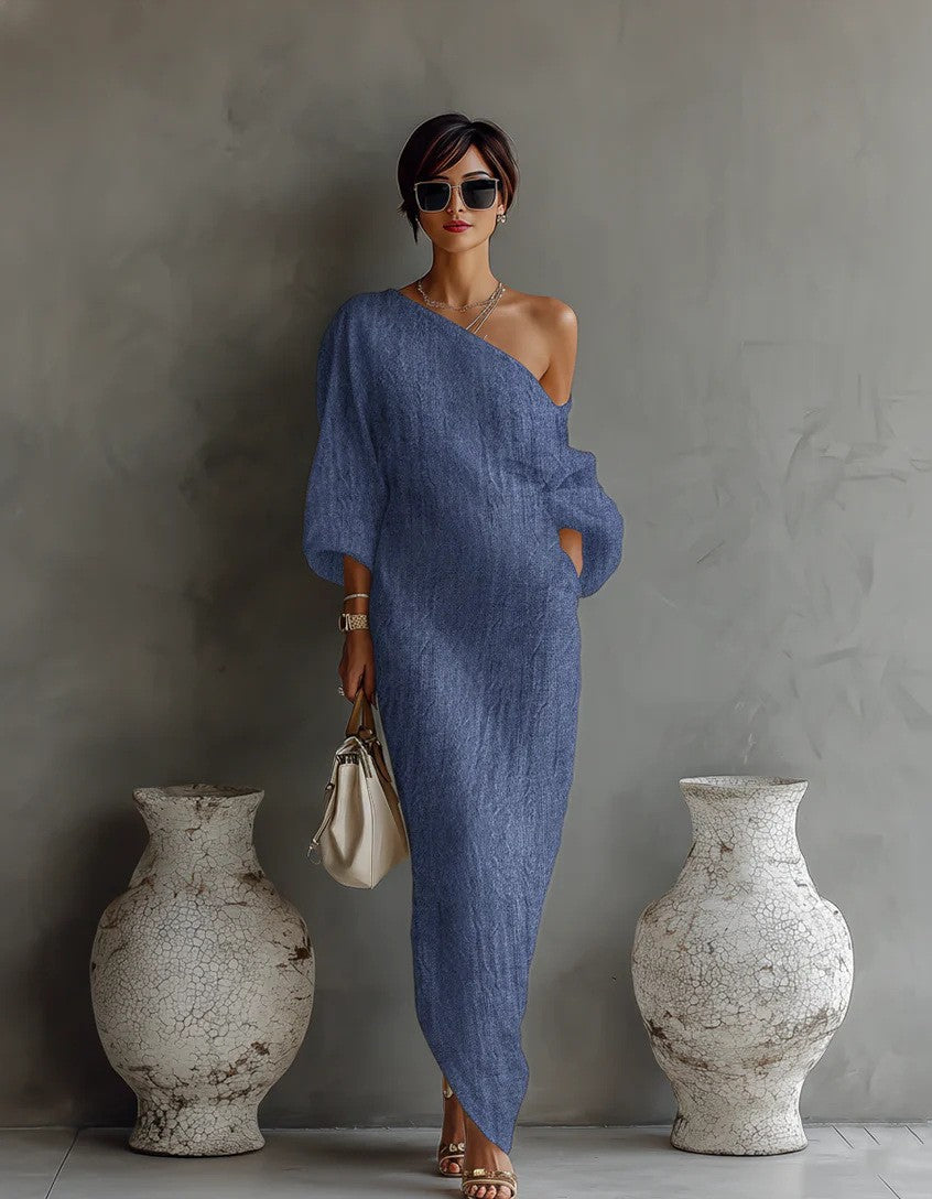 White Off-Shoulder Elegant Long Sleeve Maxi Dress – Flowy Vacation Style