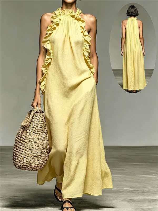 Resort Style Ruffled Halter Neck Sleeveless Maxi Dress – Loose Flowy Open Back Evening Gown