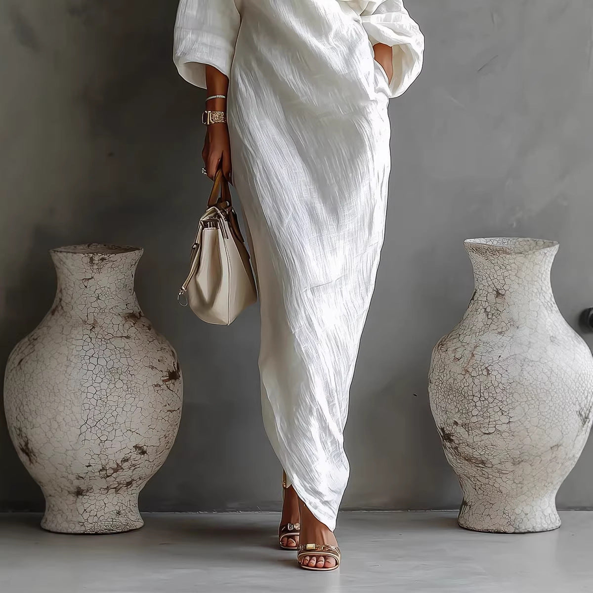 White Off-Shoulder Elegant Long Sleeve Maxi Dress – Flowy Vacation Style