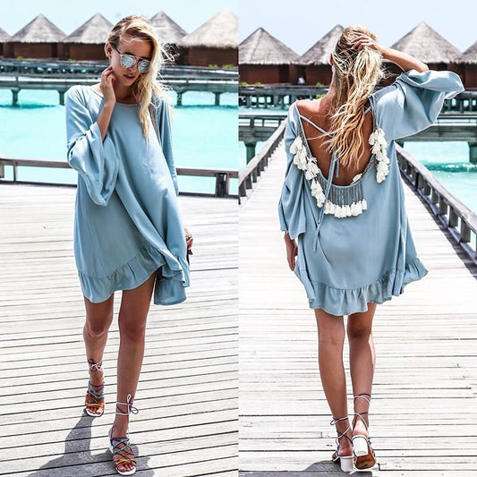 Boho Chic Lt Blue Mid Waist Loose Beach Dress