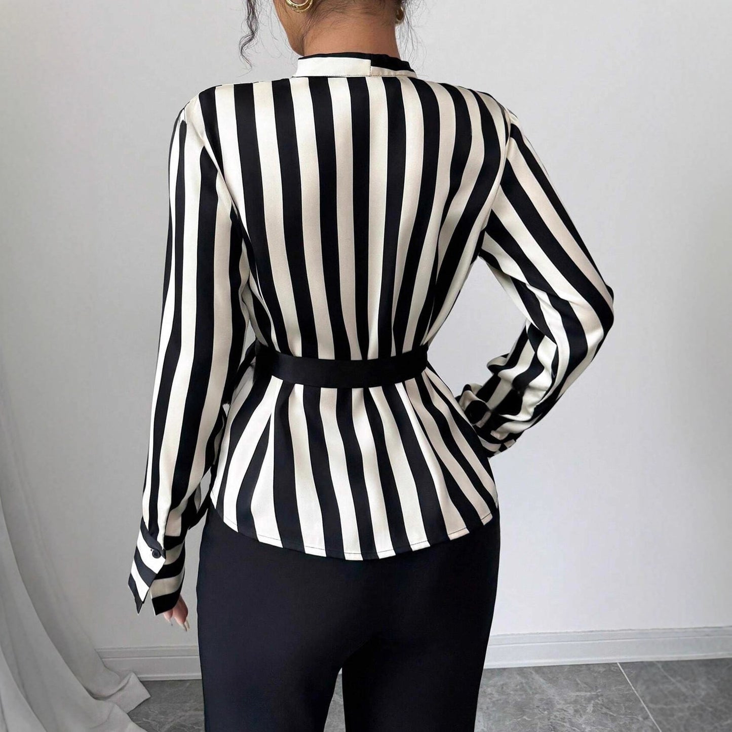 Black Striped Slim Fit Long Sleeve Shirt – Elegant Patchwork Commuter Top