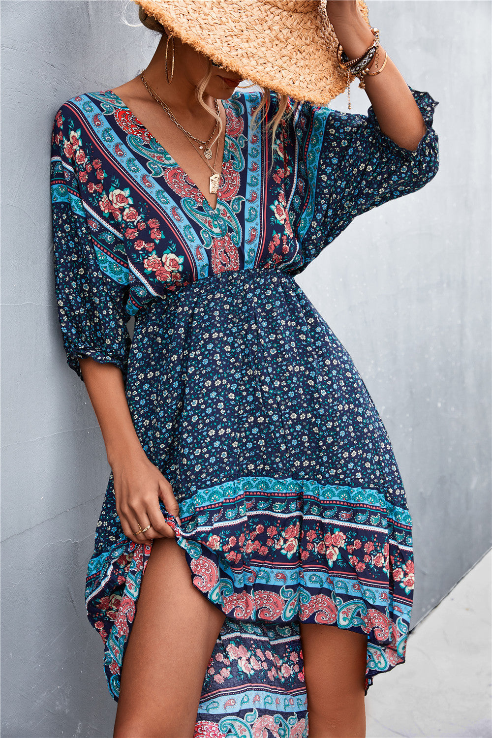 Bohemian V-Neck Floral Backless Midi Dress for Women