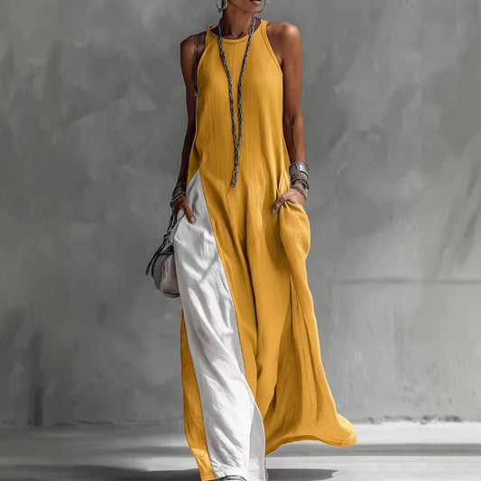 Color Block Strappy Halter Neck Maxi Dress with Pockets – Loose A-Line Summer Beach Dress