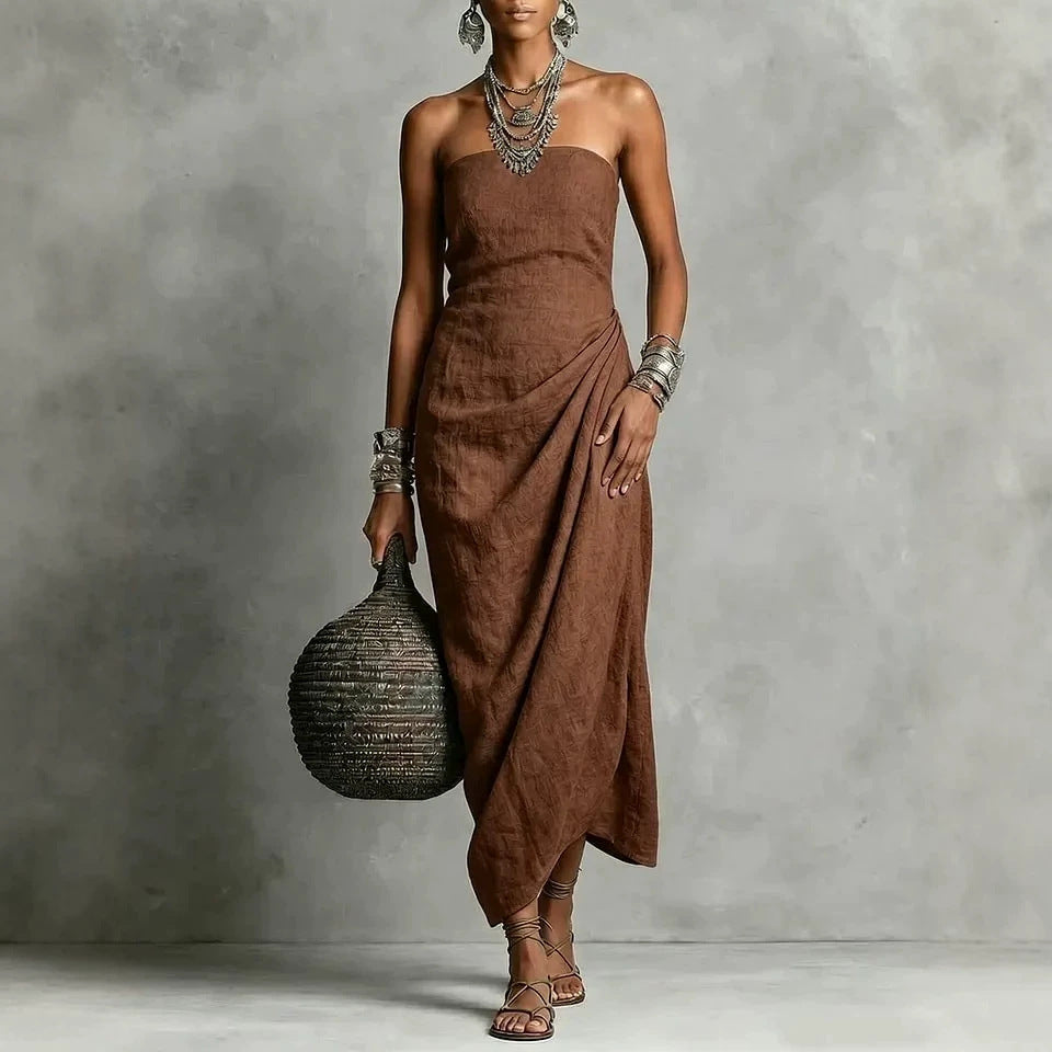 Strapless Pleated Linen Cotton Dress