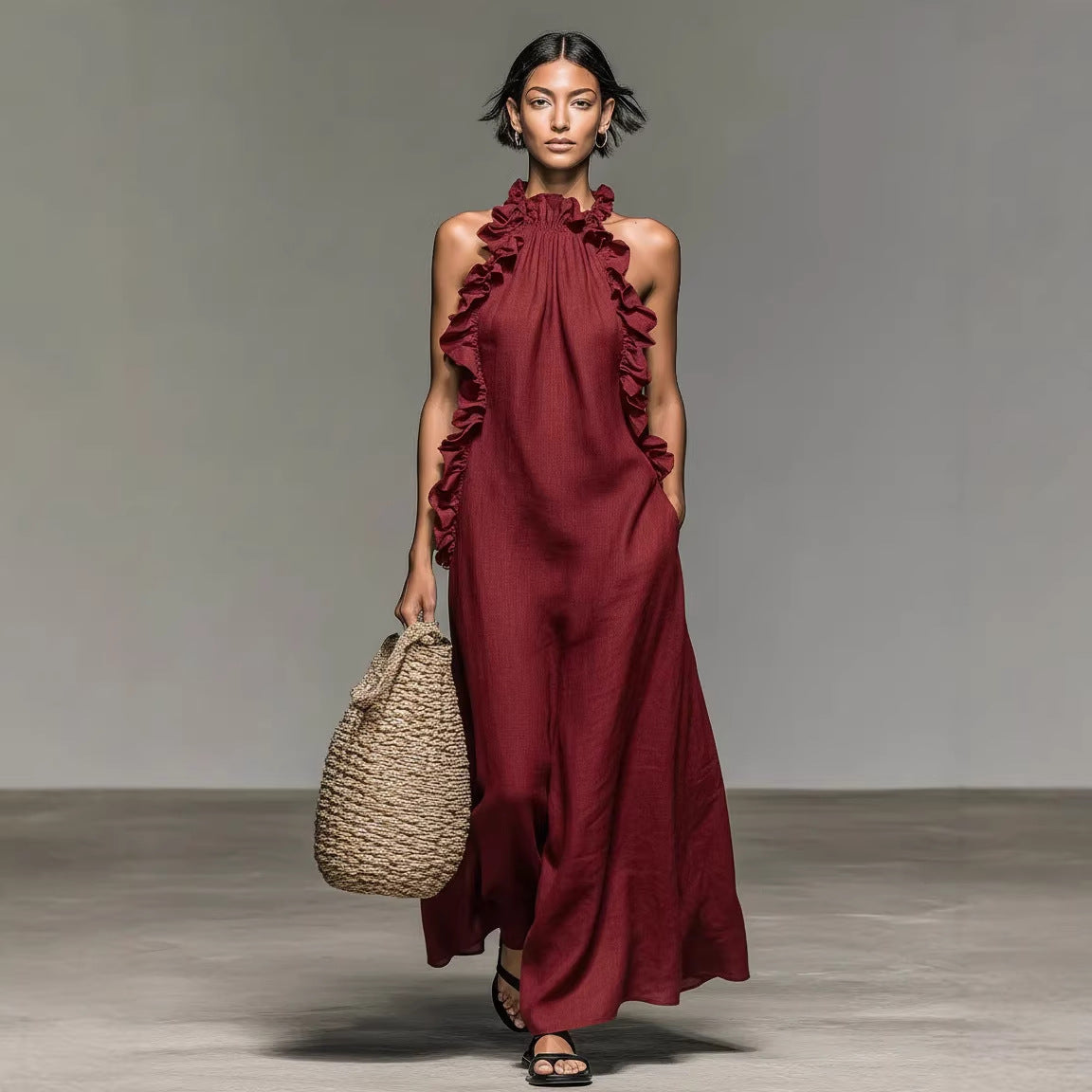 Resort Style Ruffled Halter Neck Sleeveless Maxi Dress – Loose Flowy Open Back Evening Gown