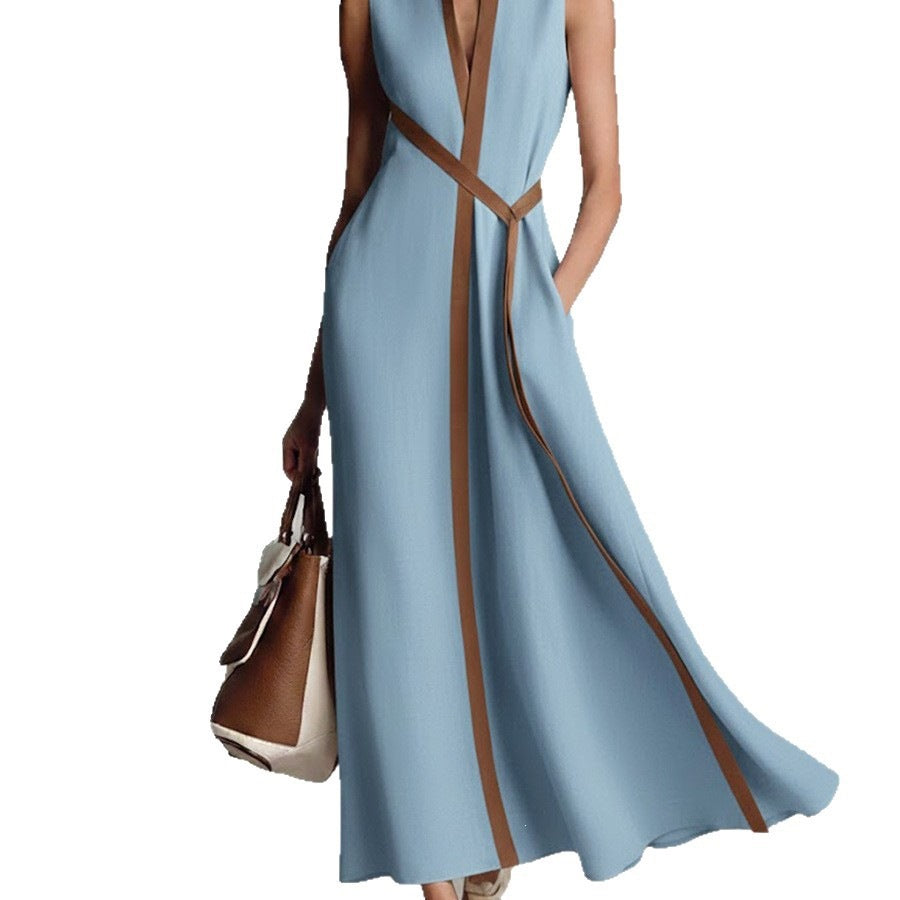 Color Block Sleeveless Stand Collar Linen Blend Dress – Elegant Summer Midi Dress