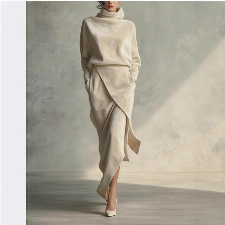 Solid Color Velvet Suede A-Line Midi Dress – Elegant Long Sleeve High Waist Dress