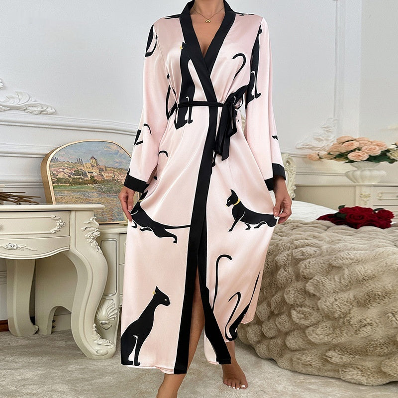 Women's Long Satin Bathrobe Pajamas – Imitation Silk Leopard Print Kimono Robe