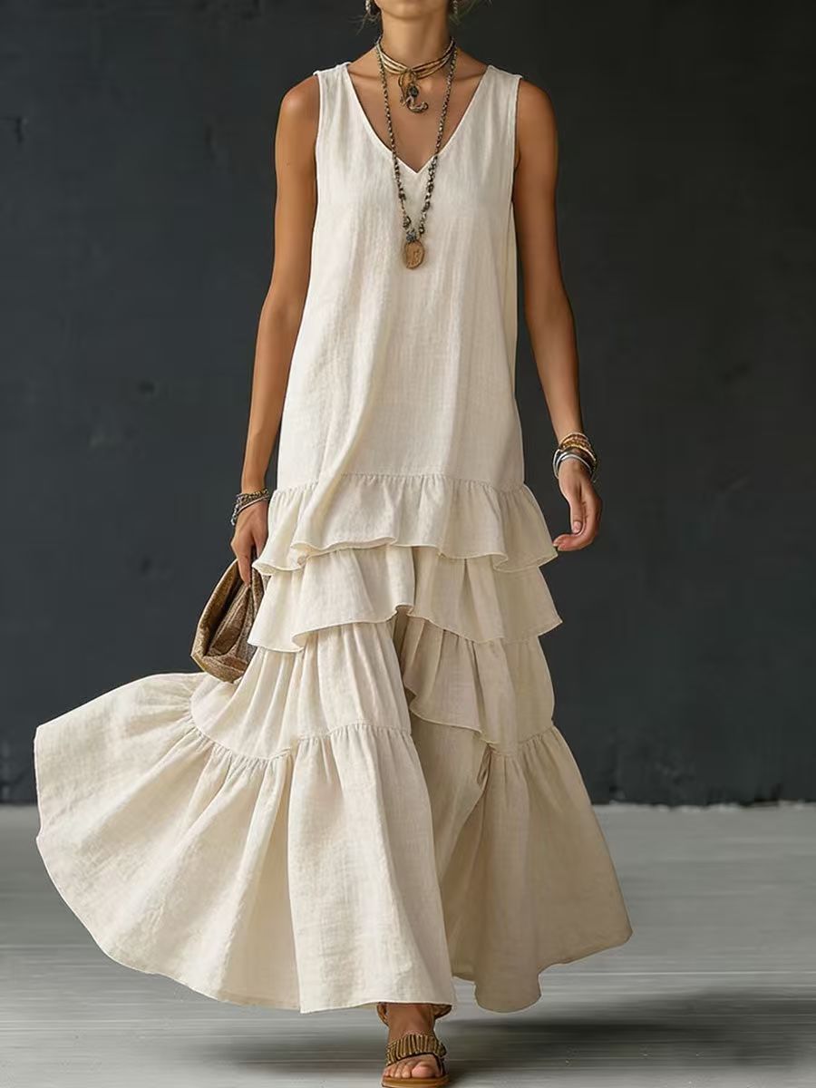 Solid-color Womens Loose-fitting Full-skirted Sleeveless Dress