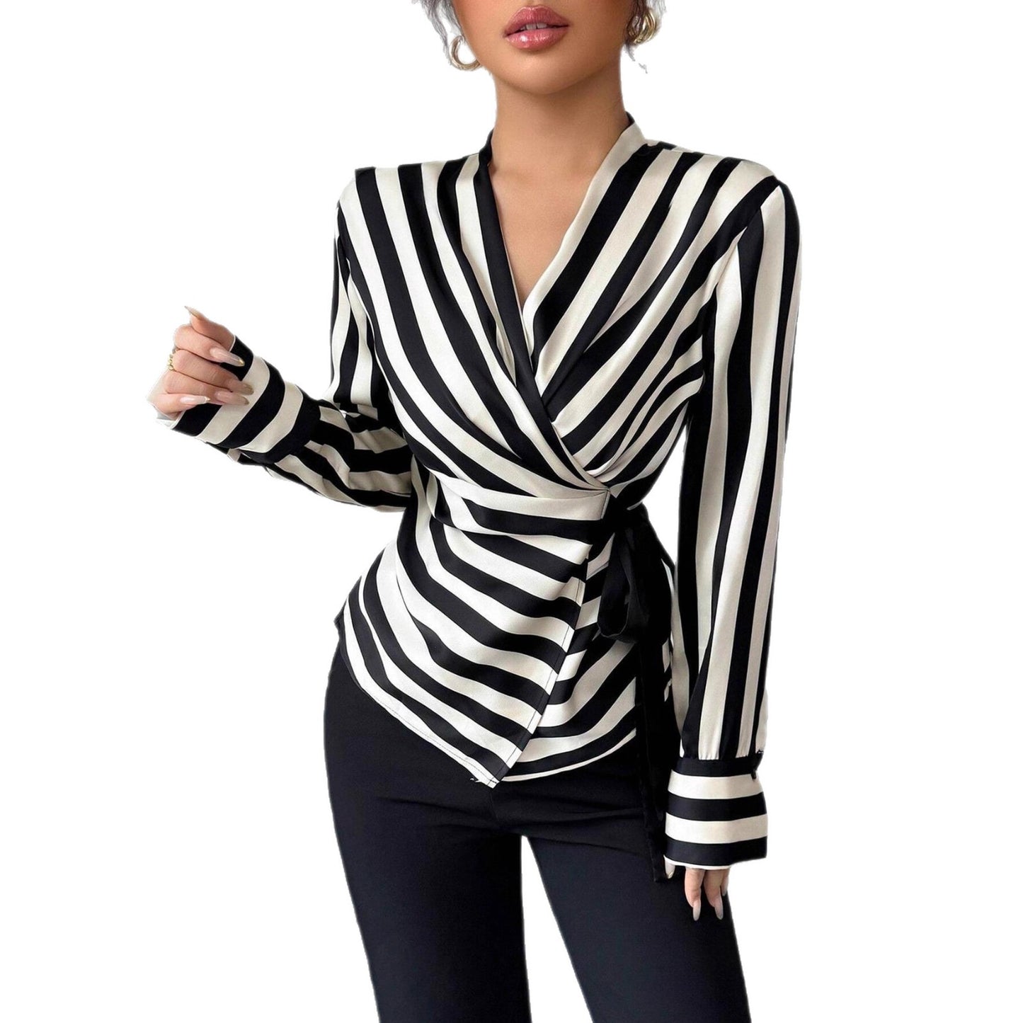 Black Striped Slim Fit Long Sleeve Shirt – Elegant Patchwork Commuter Top