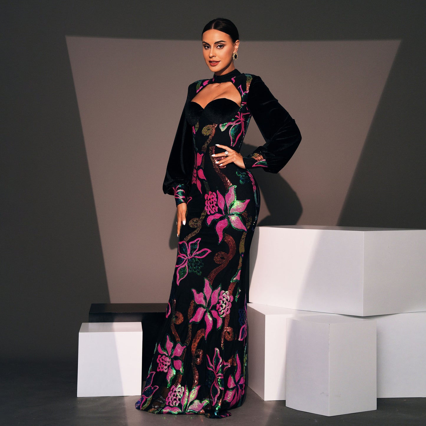 Long Sequined Evening Dress – Elegant High Waist Maxi Dres