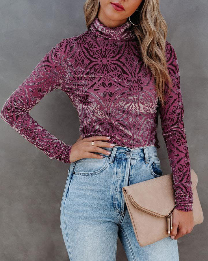 Boho Turtleneck Velvet Burnt Bottoming Shirt Top