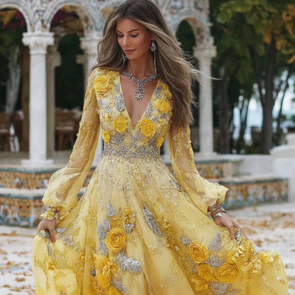 V-Neck Rose Embroidered Bamboo Linen Maxi Dress – Retro Bohemian Loose Long Dress