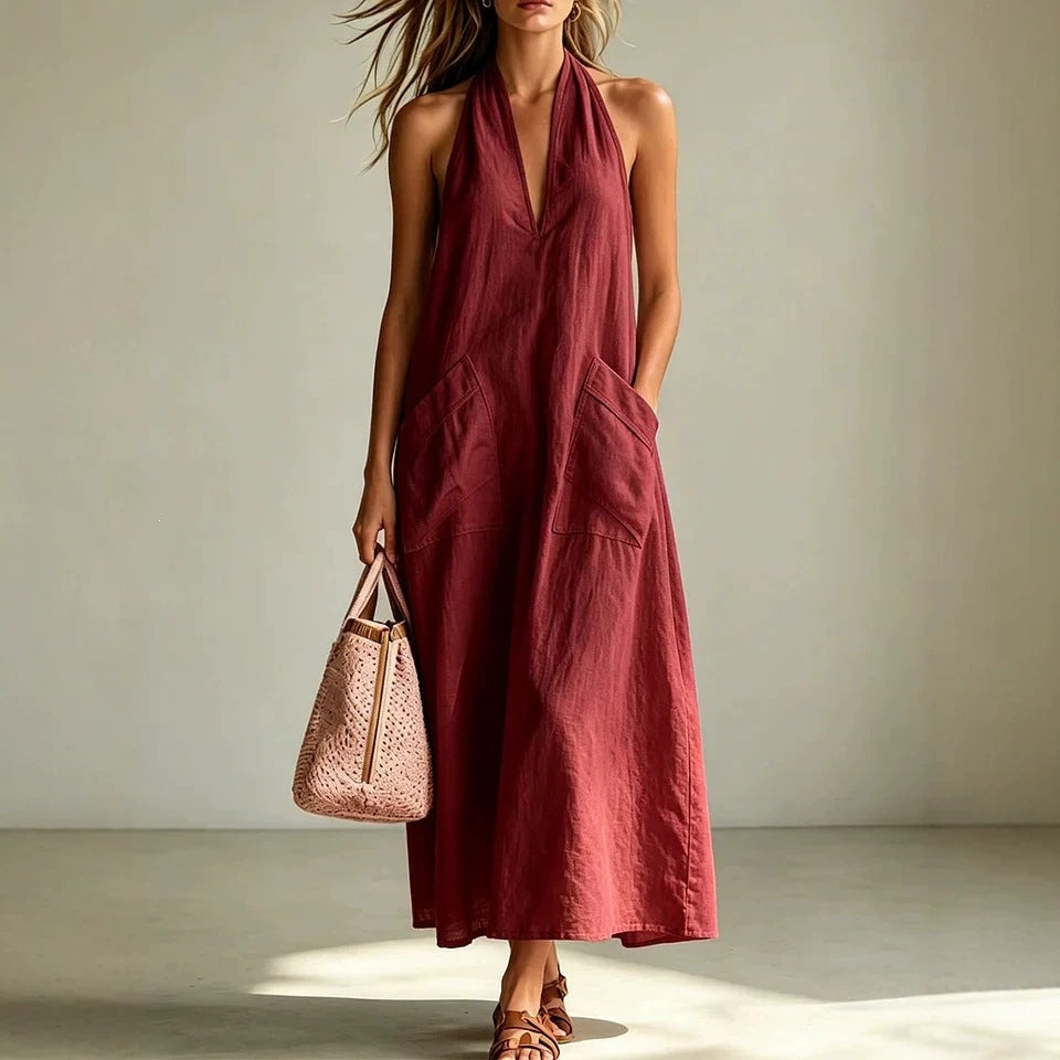 Cotton Halter Neck Deep V-Neck Sleeveless Loose Maxi Dress – Flowy Summer Dress