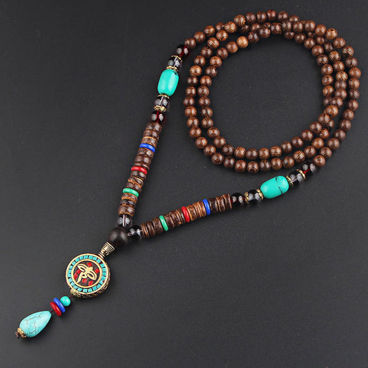 Ethnic Style Nepal Linen Rope Wooden Bead Pendant Necklace – Buddha Six Words Mantra Amulet