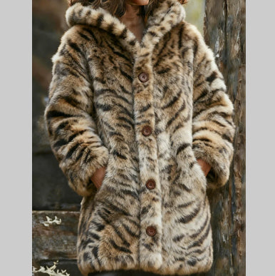 Elegant Chic Tiger Stripe Printed Womens Hooded Jacket – Thick Fleece Lined Winter Coat