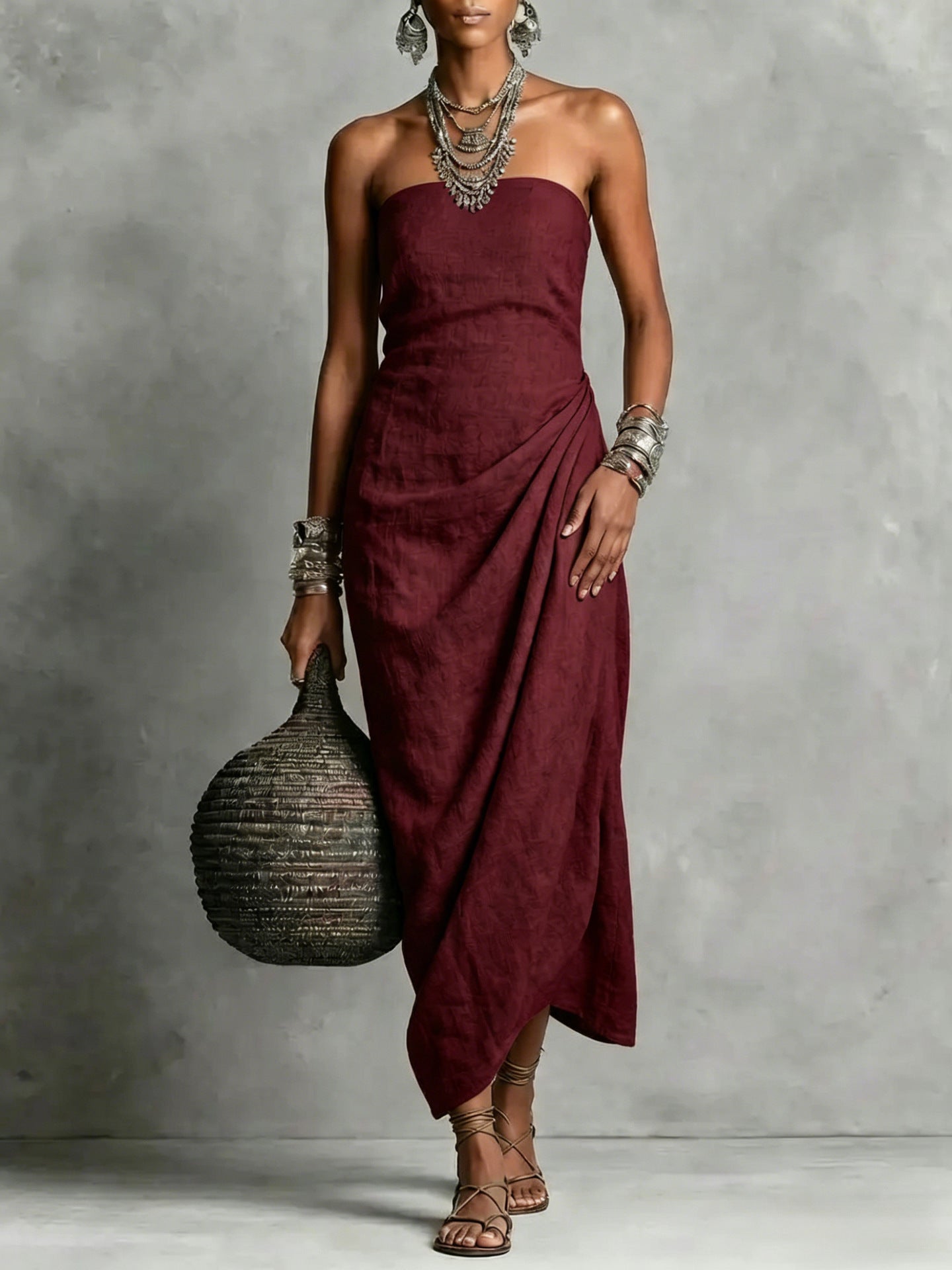 Strapless Pleated Linen Cotton Dress