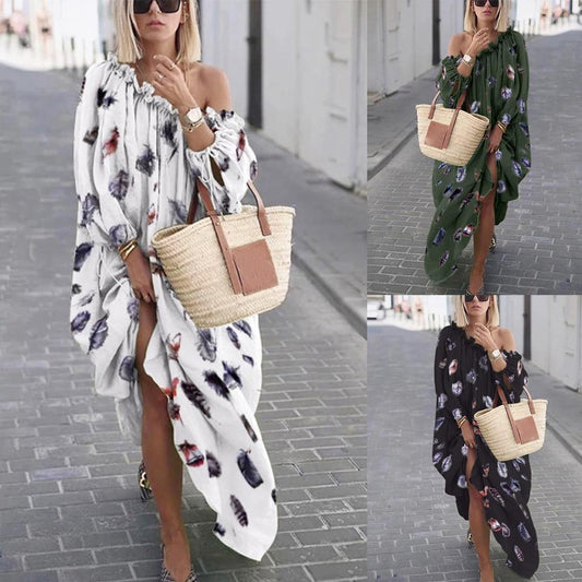 Boho Women's One-Shoulder Feather Print Maxi Swing Dress