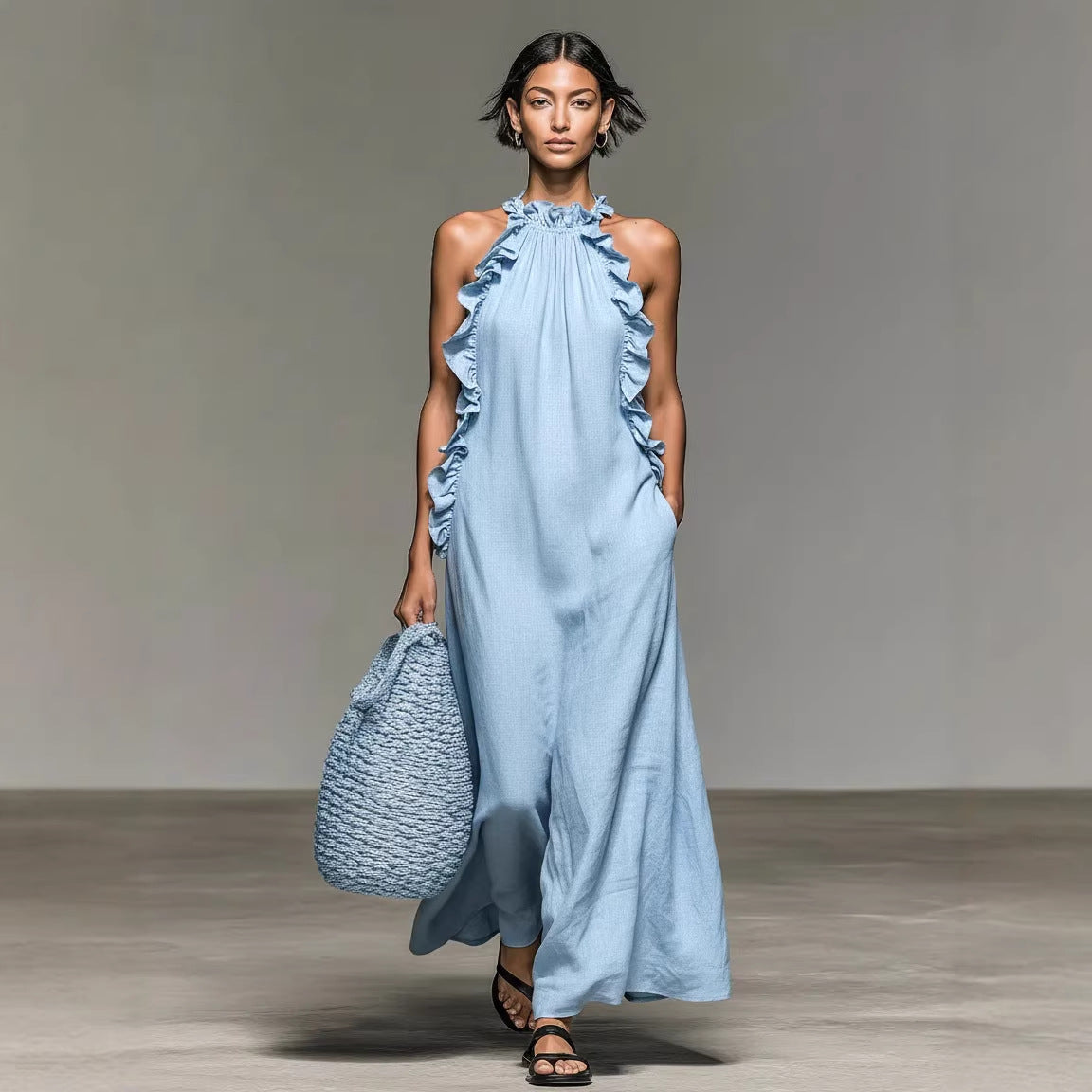Resort Style Ruffled Halter Neck Sleeveless Maxi Dress – Loose Flowy Open Back Evening Gown