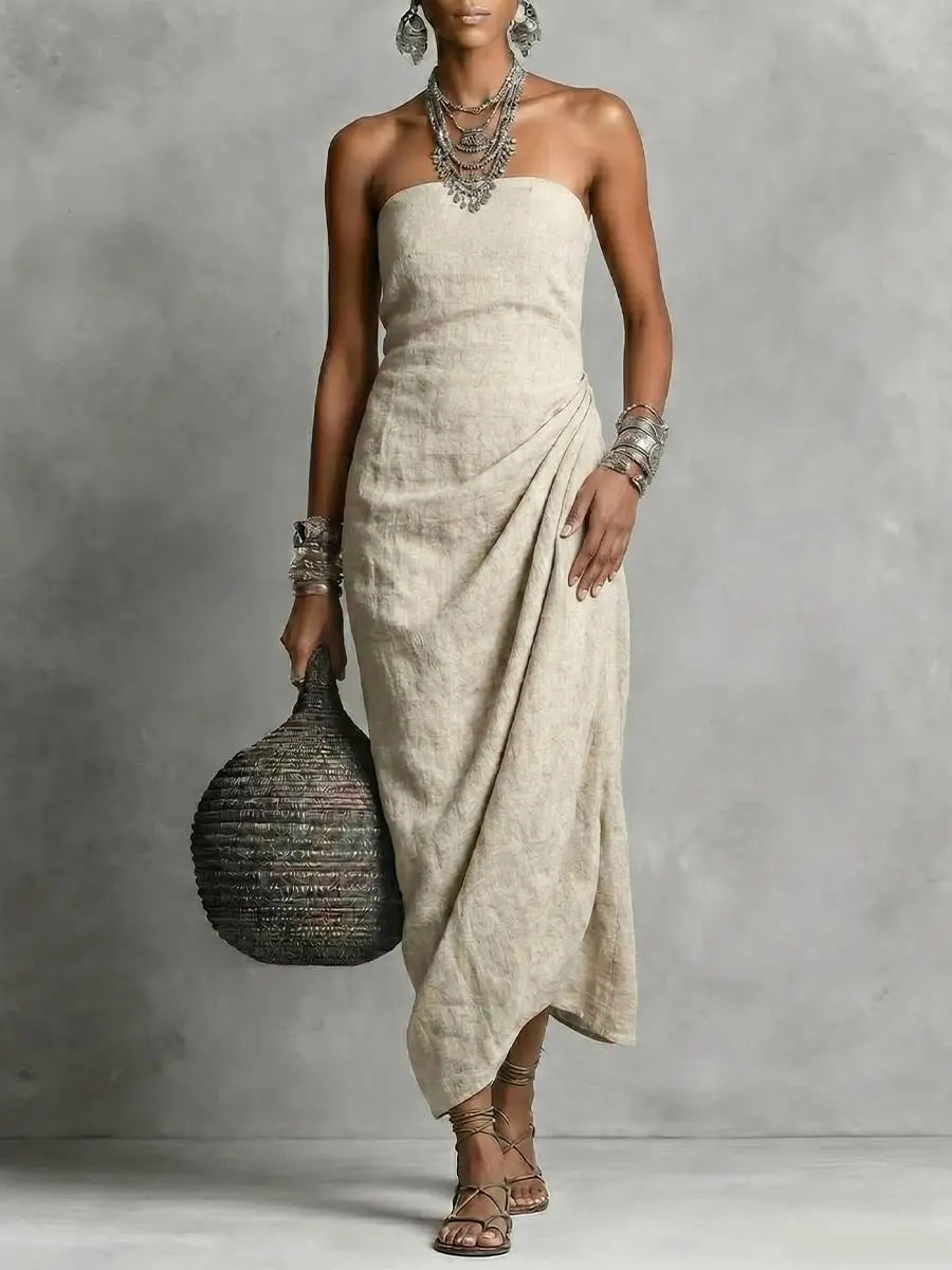 Strapless Pleated Linen Cotton Dress