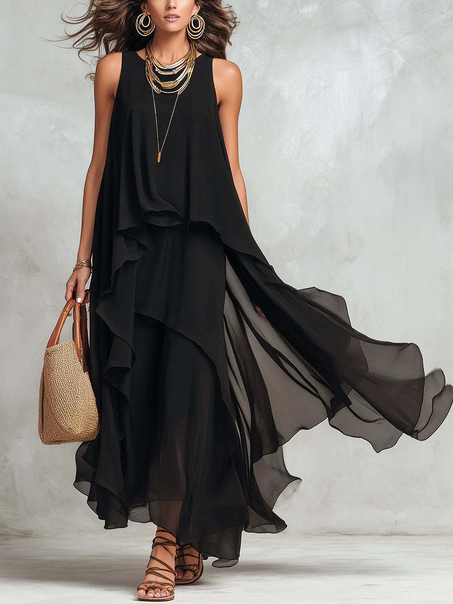 Elegant Black Asymmetrical Chiffon Maxi Dress – Sleeveless Flowing A-Lin