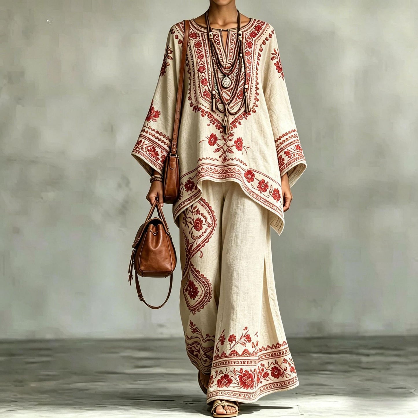 Loose Fit Printed Long Sleeve Top and Pants Set – Comfortable Casual Matching Lounge Set