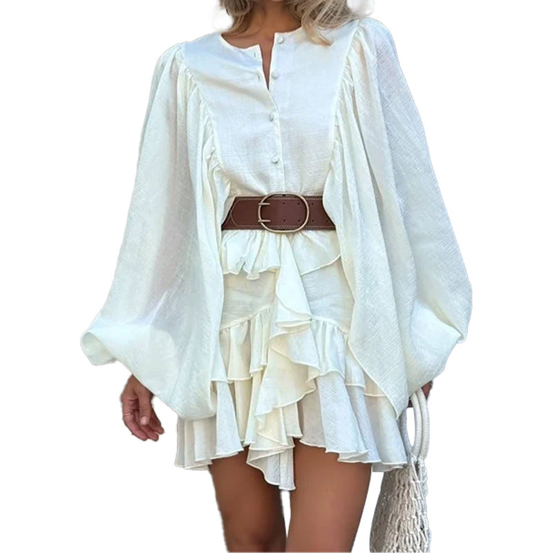 Solid Color French Style Long Sleeve Ruffle Dress