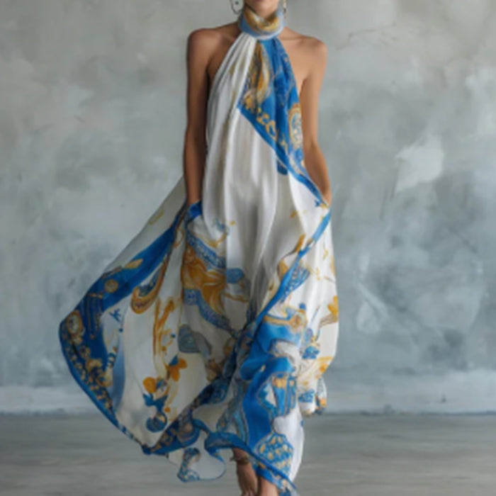 White Floral Halter Neck Flowy Maxi Dress – Blue & Gold Print Summer Dress