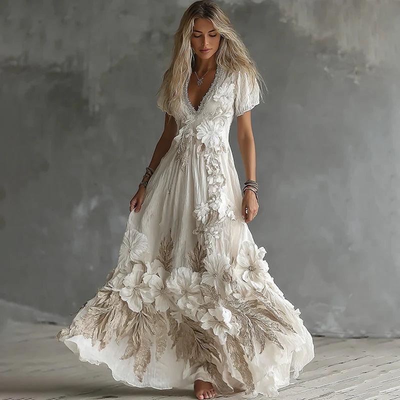 V-Neck Rose Embroidered Bamboo Linen Maxi Dress – Retro Bohemian Loose Long Dress