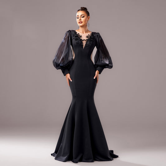 Elegant Sequin Applique Long Sleeve Fishtail Sheath Dress – High Waist Banquet Gown