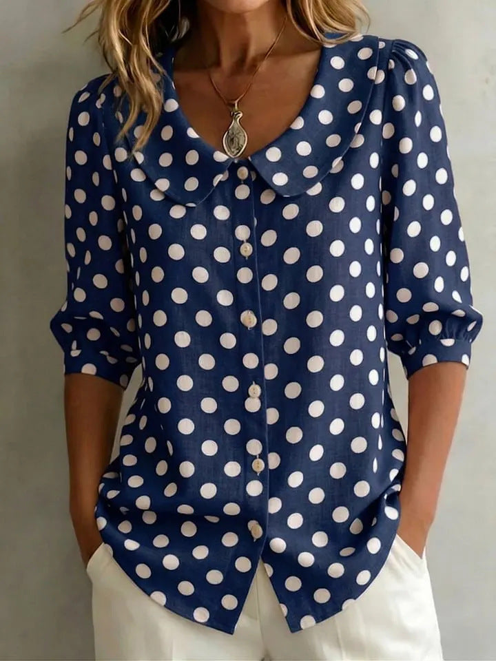 Vintage Polka Dot Loose Fit Cardigan Shirt – Retro Three-Quarter Sleeve Blouse