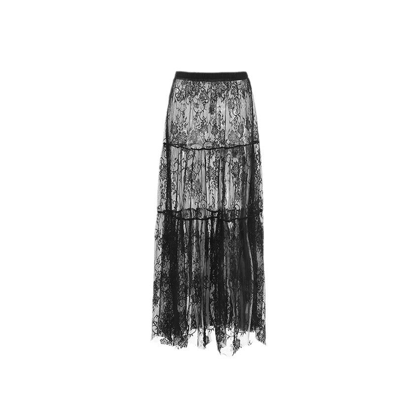 Fashion Personalized Lace Skirt For Women – Elegant Solid Black Lace Midi Skirt