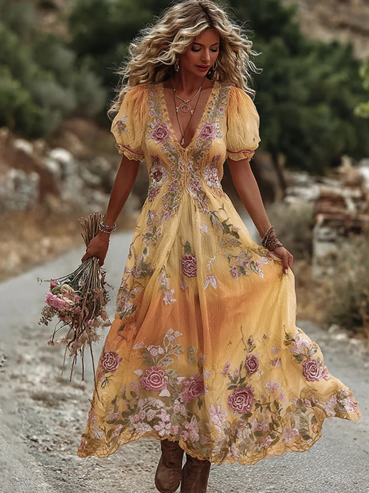 V-Neck Rose Embroidered Bamboo Linen Maxi Dress – Retro Bohemian Loose Long Dress