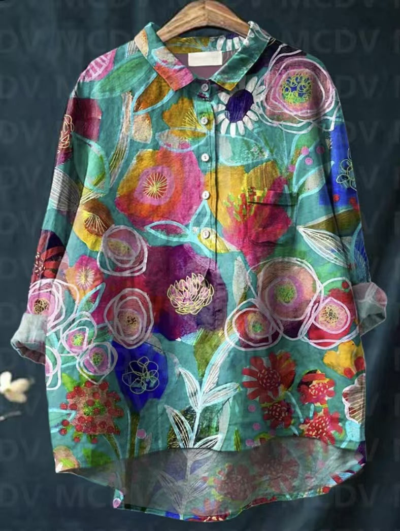 Women's Casual Long Sleeve Print Shirt – Relaxed Fit Lapel Collar Top
