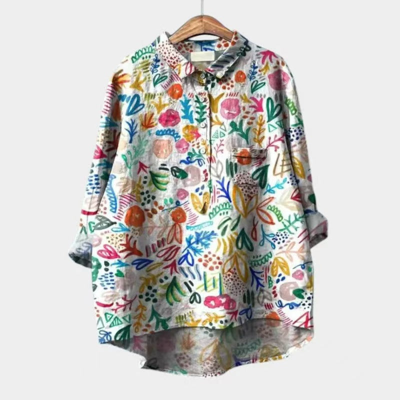 Women's Casual Long Sleeve Print Shirt – Relaxed Fit Lapel Collar Top