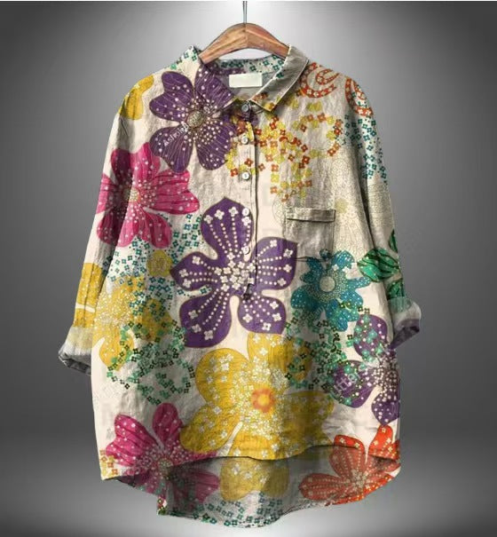 Women's Casual Long Sleeve Print Shirt – Relaxed Fit Lapel Collar Top
